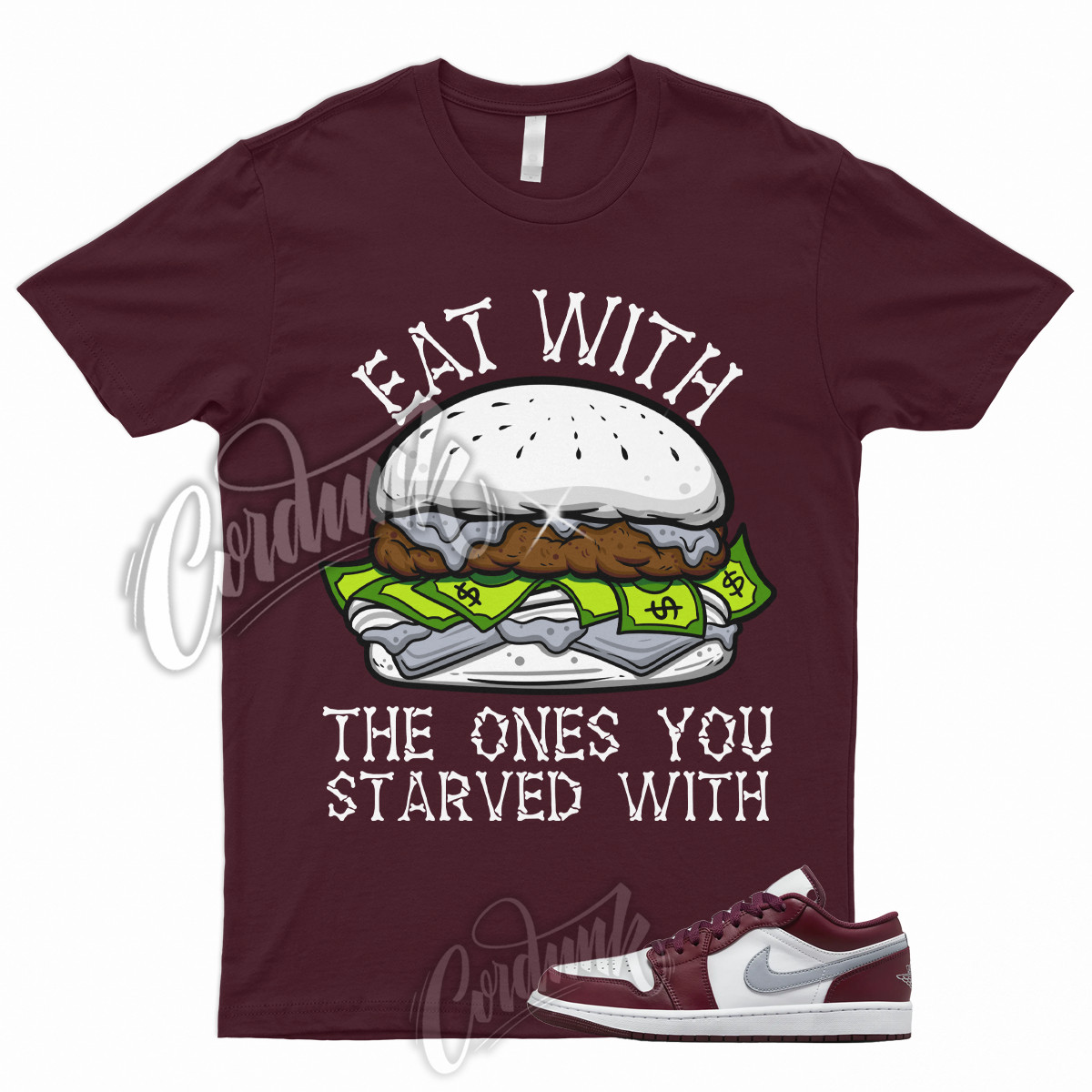 EAT T Shirt to Match 1 Low Bordeaux Maroon Cherrywood Red White Cement Grey 6