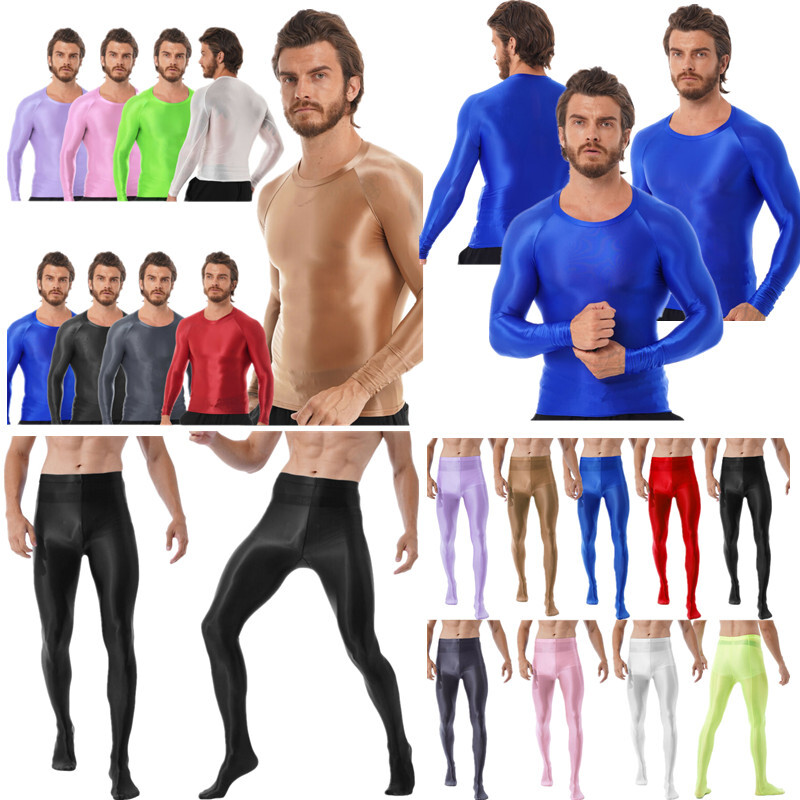 Men’s Glossy See Through Tights Suit Long Sleeve Shirts with Fitness Pantyhose