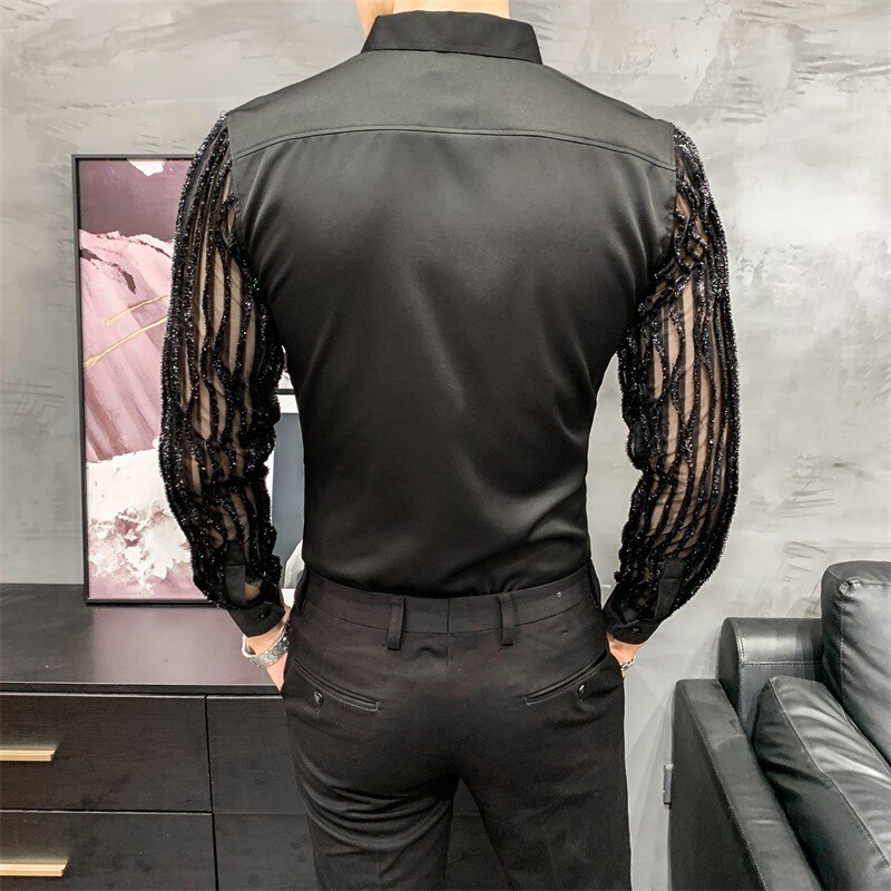 Mens Long Sleeves Hollow Out Lace Shirt Lapel Collar Splice Casual Clubwear Tops gallery