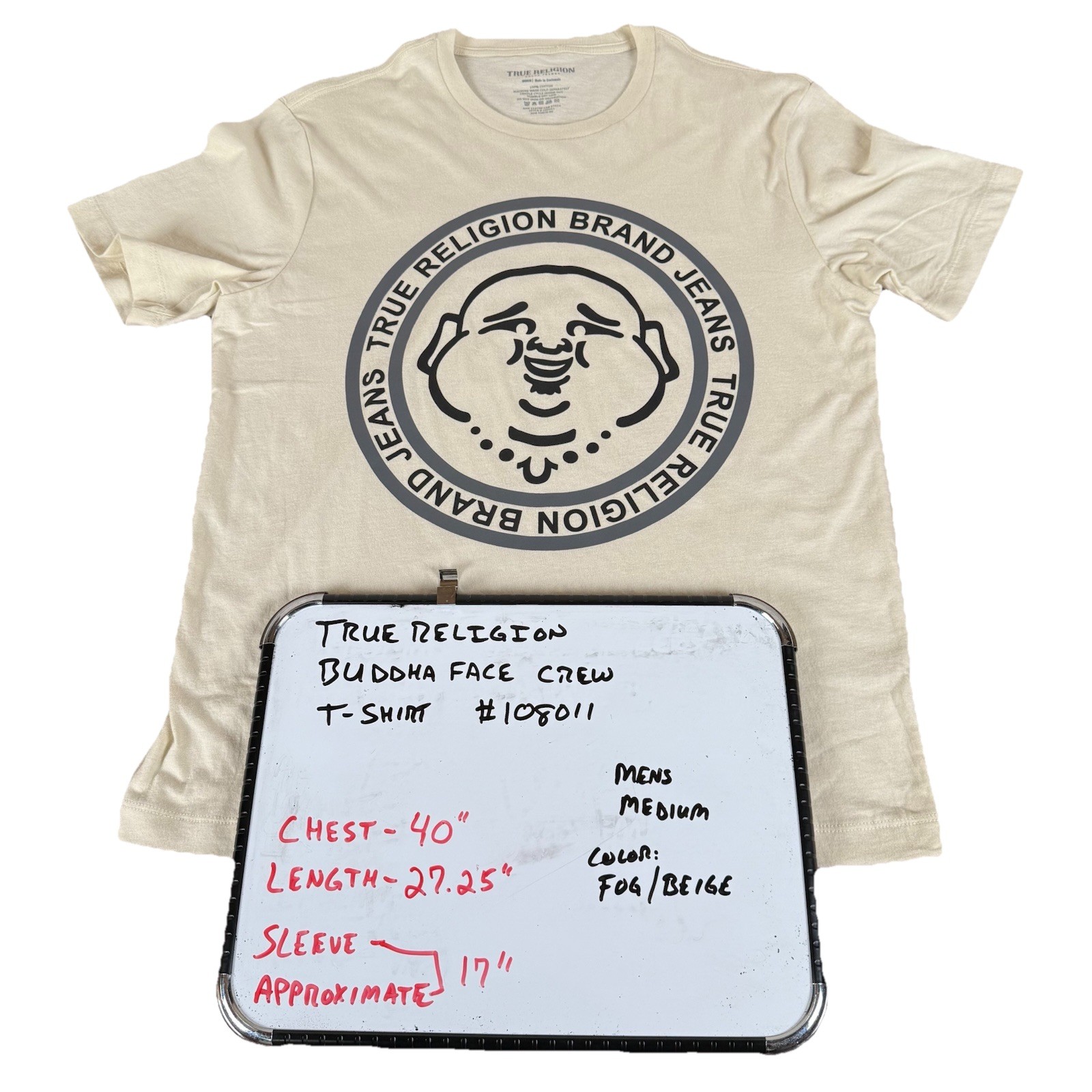 True Religion Buddha Face SS Crew Neck T-Shirt Mens Medium Fog-Beige NWT $59 gallery