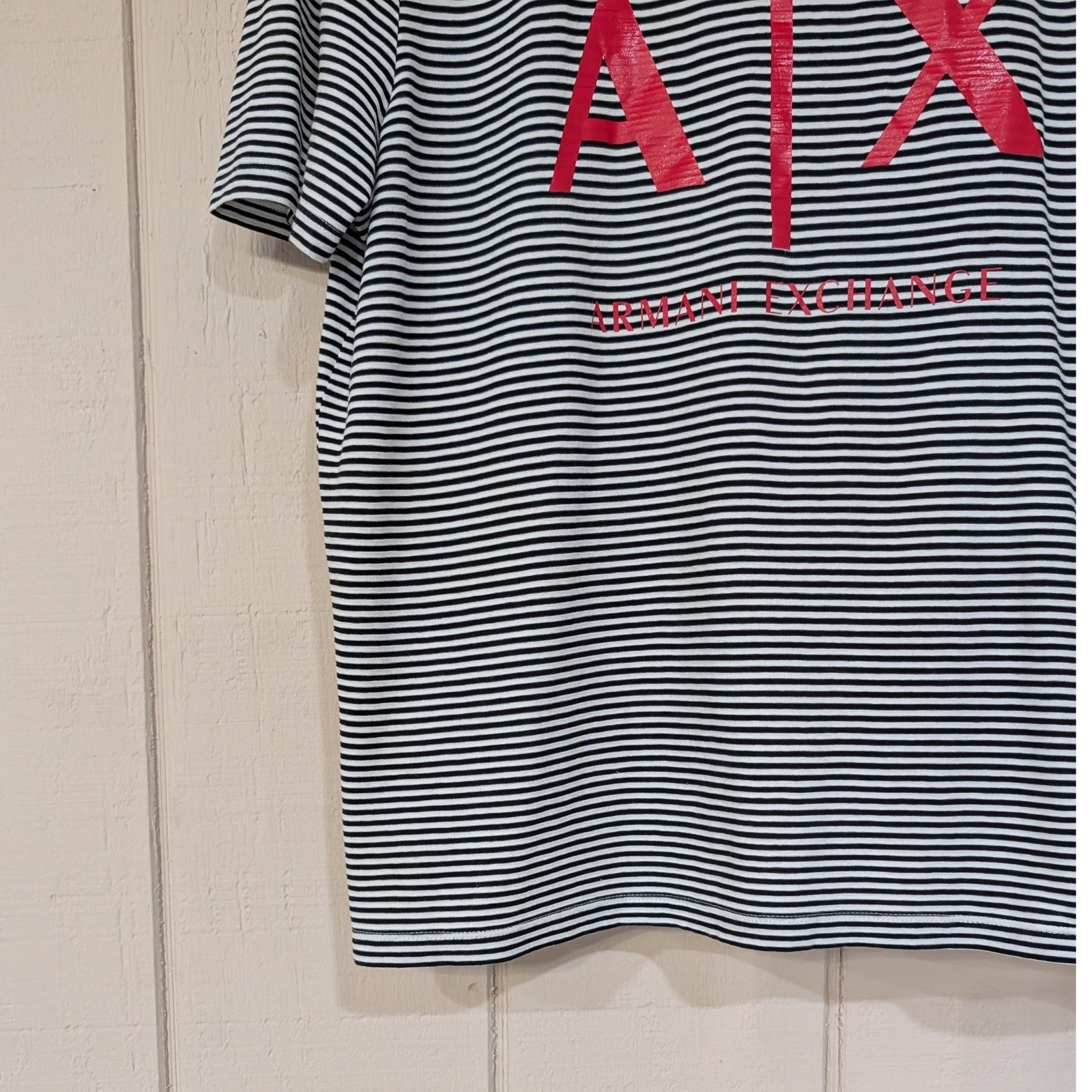 Armani Exchange Mens XL Striped Logo T-Shirt Black White Red AX Short Sleeve Tee gallery