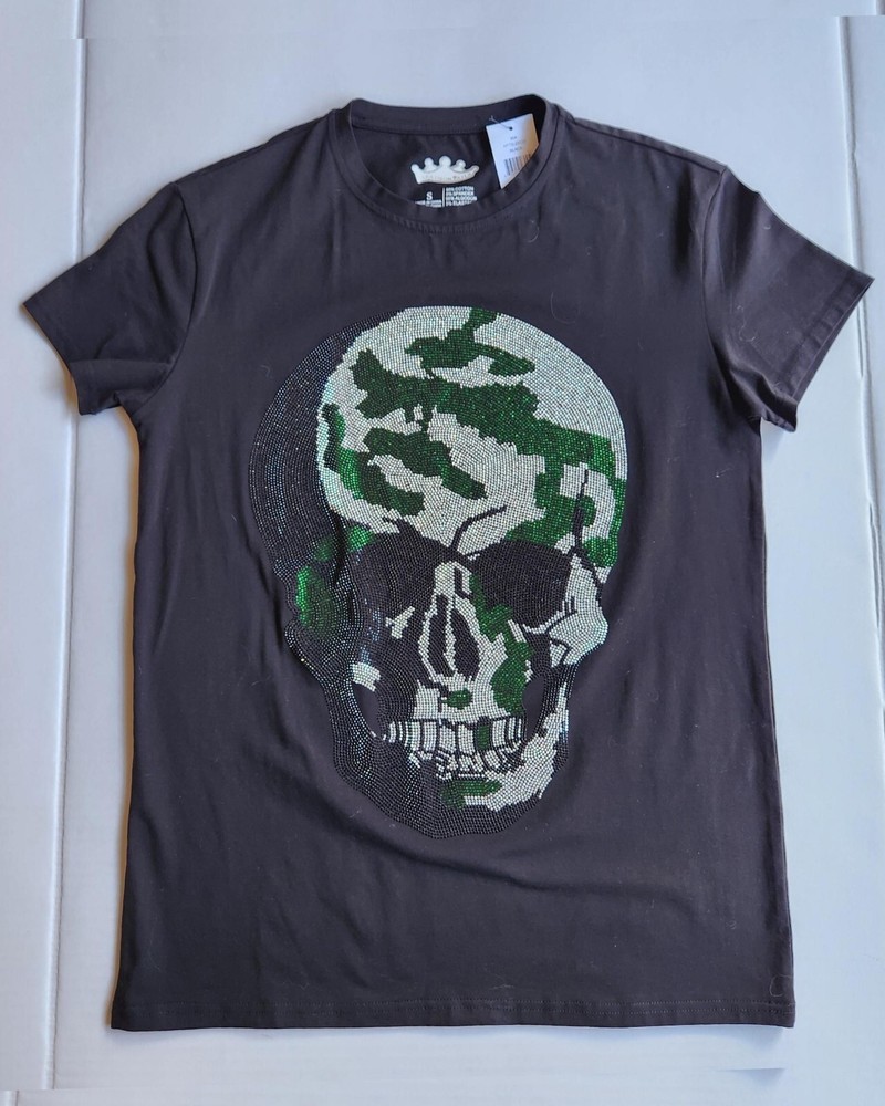 Heads or Tails Sequined Skull Men’s Apparel T-Shirt – Size: Small – Black