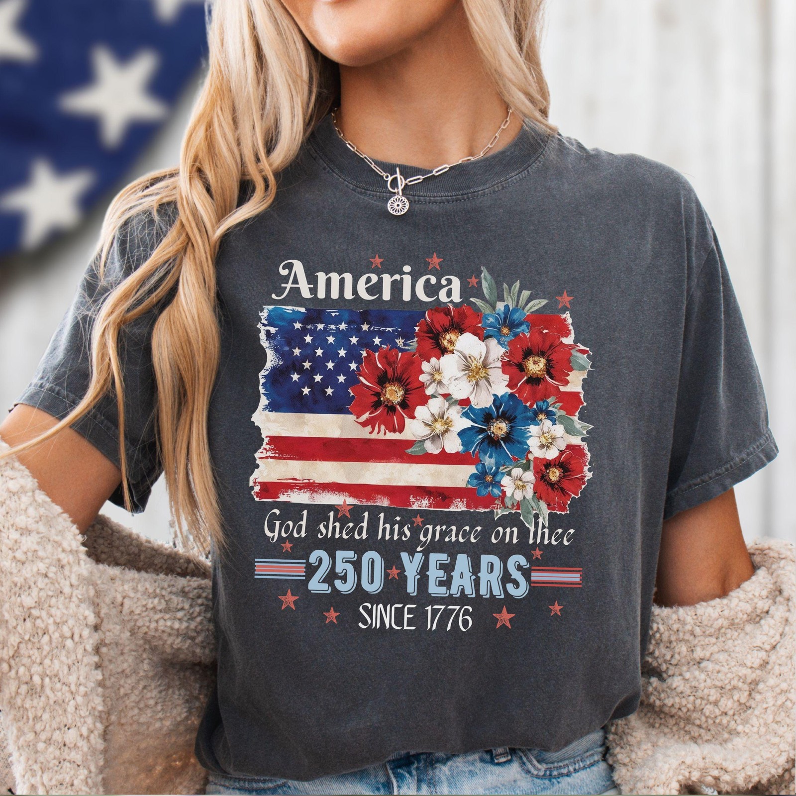 America 250 Years Flag Floral Graphic tshirt, Celebrate 250th Anniversary Patrio gallery