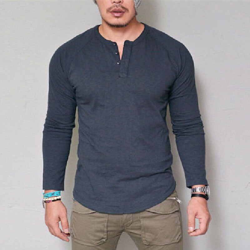 Men's Long Sleeve Cotton T-Shirt Solid Slim Fit Button Up Tops Blouse Tee Casual gallery