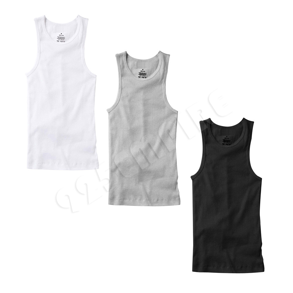3 Pack Men Tank Top Black/White/Gray Cotton Undershirt Ribbed A-Shirt Size:S-2XL gallery