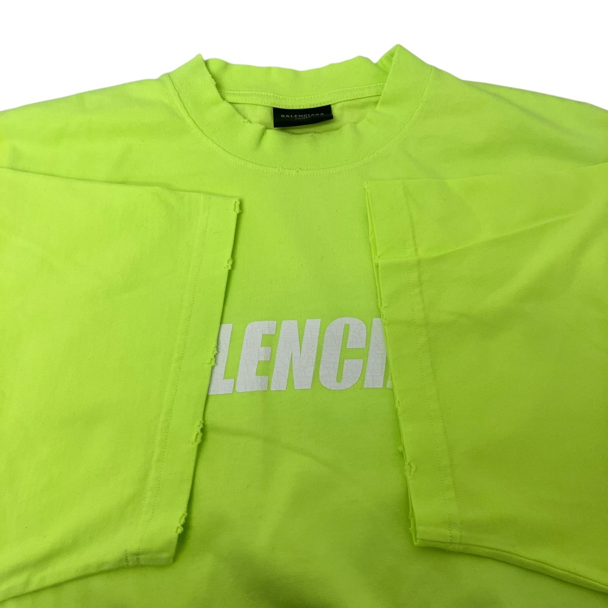 BALENCIAGA T-Shirt Yellow S Distressed Logo Print Oversized 6030 gallery