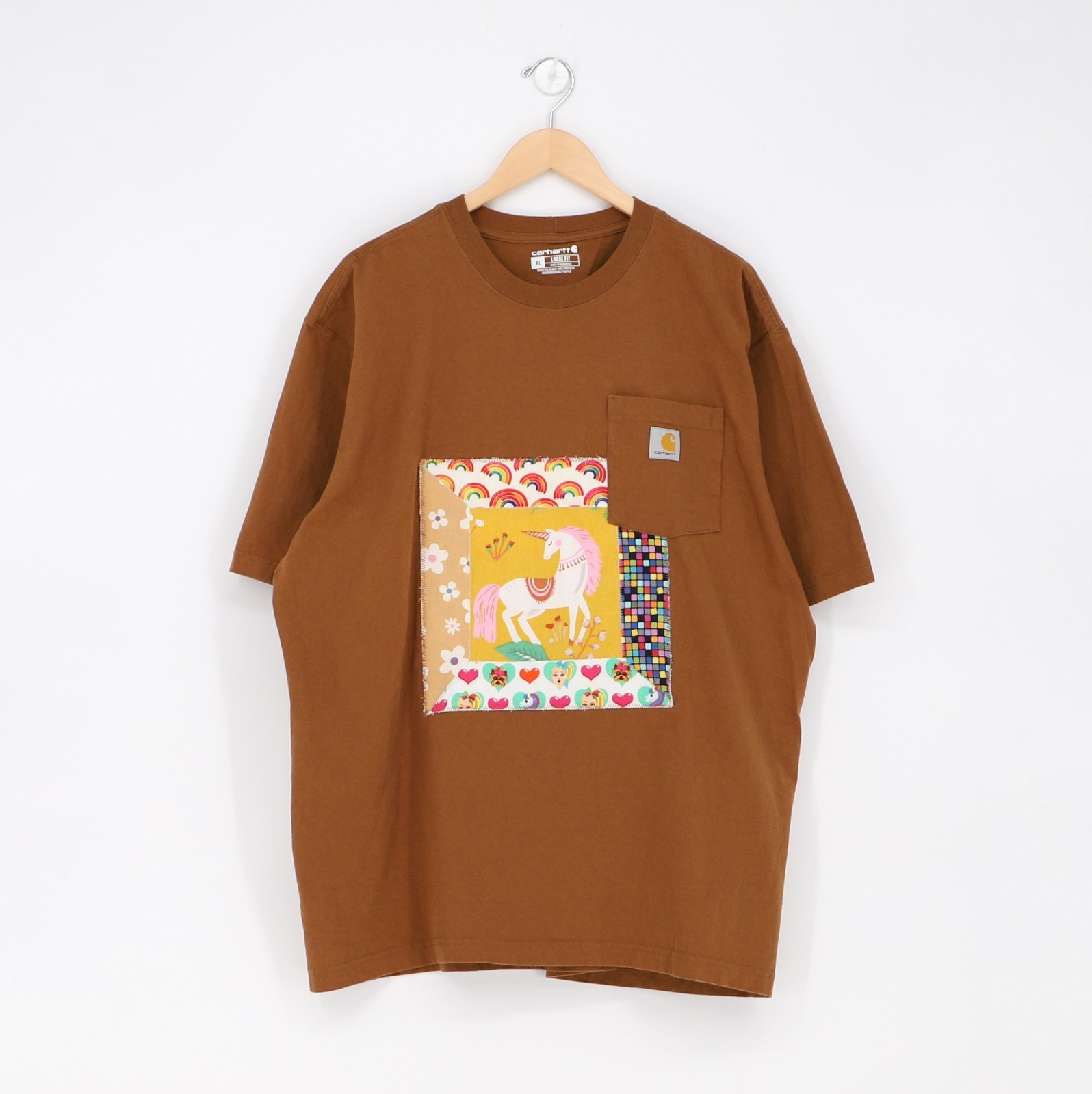 Upcycled Reworked Quilted Patchwork Unicorn Short Sleeve T-Shirt in Brown gallery