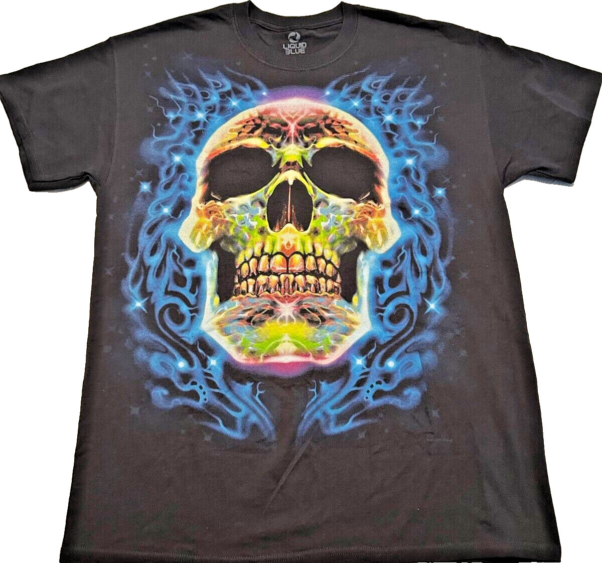 Liquid Blue Multi-Color Skull Graphic On Black T-Shirt Medium Brand New gallery