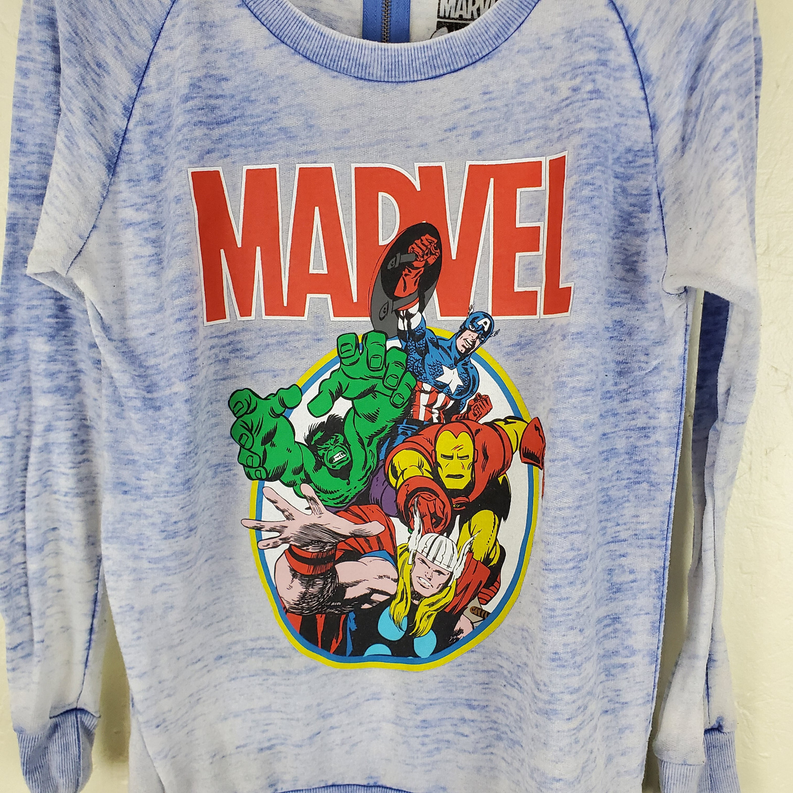 Marvel Shirt Men Medium Blue Graphic Scoop Neck Long Sleeve Sheer Zipper Stretch gallery