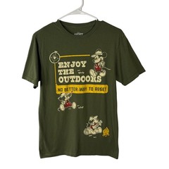 Disney Mickey Mouse Enjoy the Outdoors Camping Graphic T-Shirt Olive Green Small