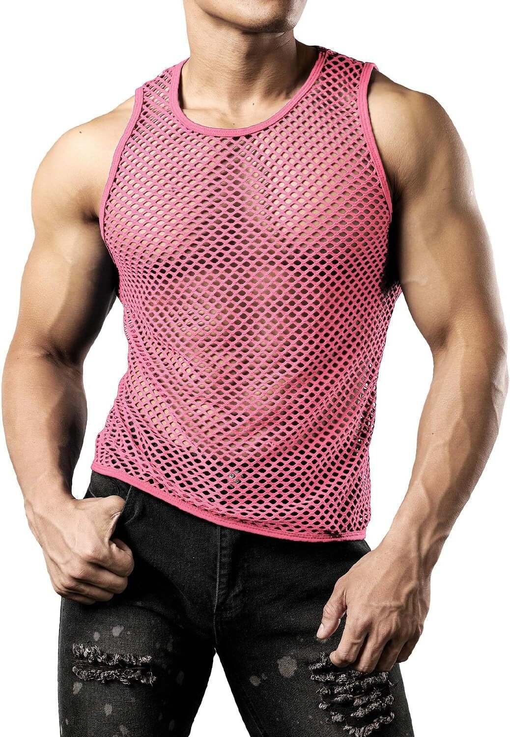 Men's Fishnet Muscle Top Sleeveless Fitted See Through Mesh Shirt Clubwear Gym gallery