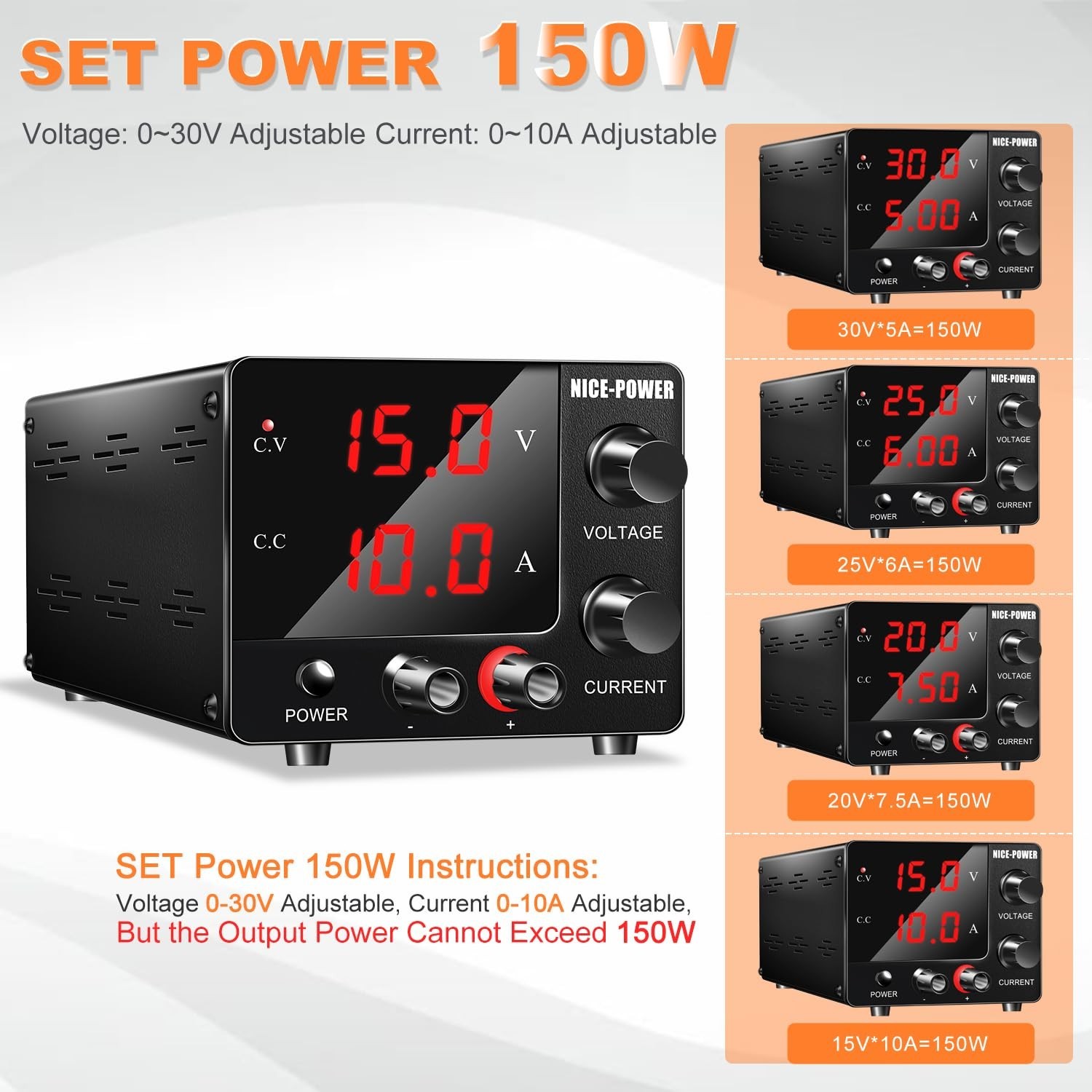 Compact 150W Adjustable DC Power Supply – 0-30V & 0-10A with Encoder Control