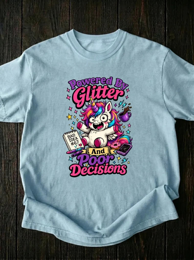 Powered By Glitter And Poor Decisions Graphic T-Shirt, Funny Unicorn Gift gallery
