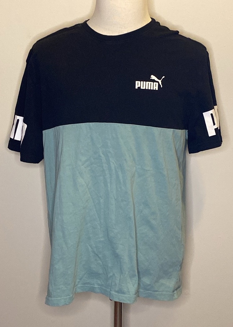 Puma Blue and Black Colorblocked Logo Athletic T-Shirt (sz L) gallery