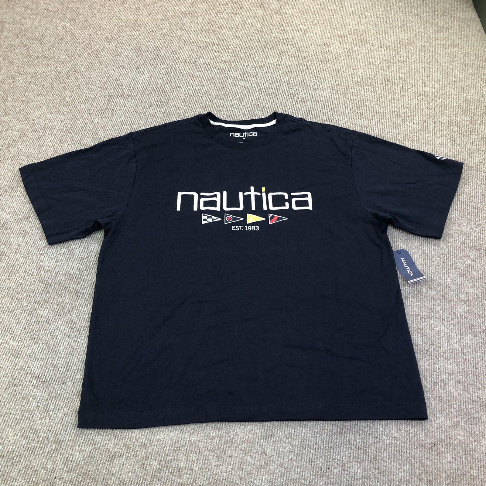 Nautica Shirt Mens Medium Navy Big Logo Flags Graphic Tee Tagless Nautical gallery