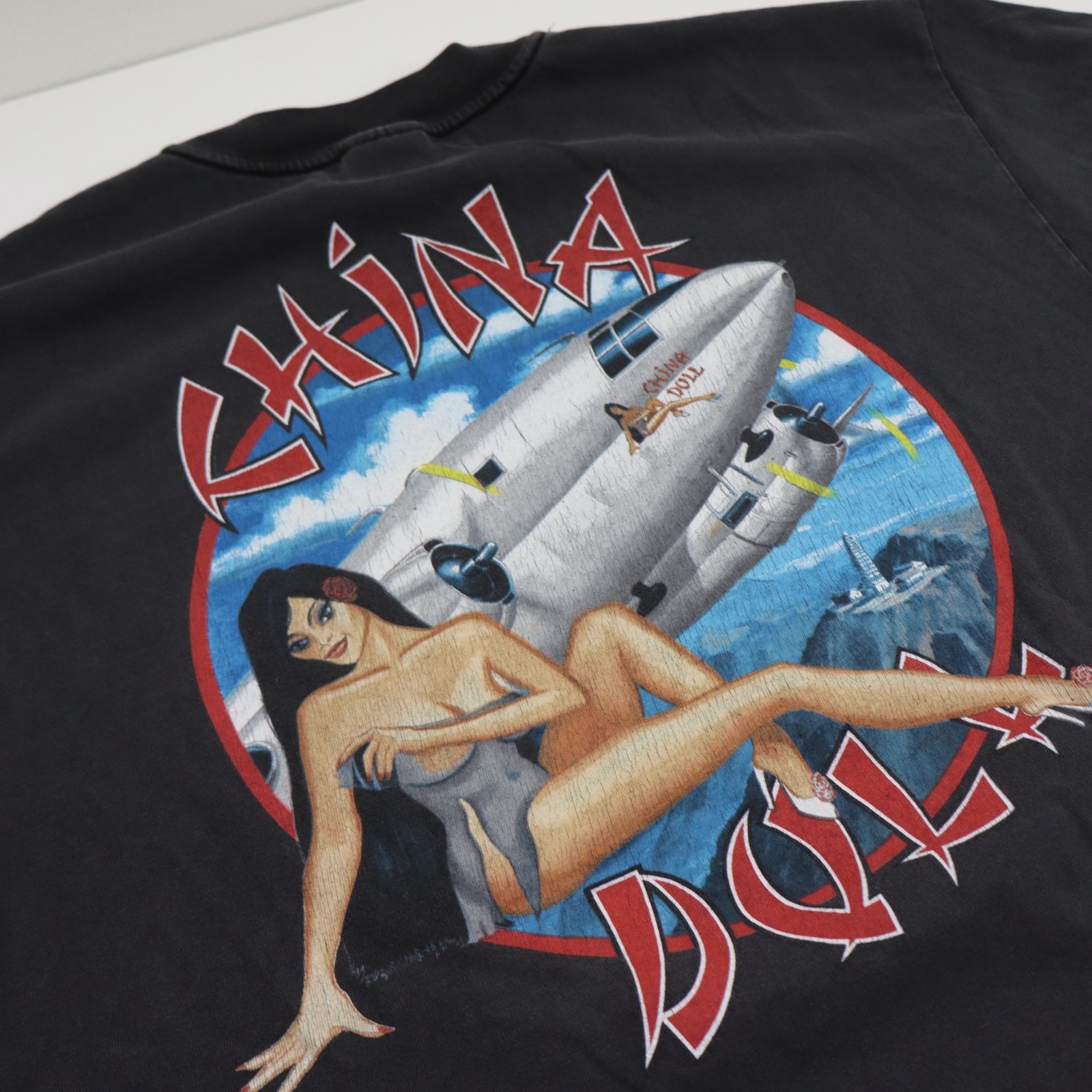 Vintage China Doll C46 Commando T Shirt Mens XL Black WWII Airplane Pin Up Tee gallery