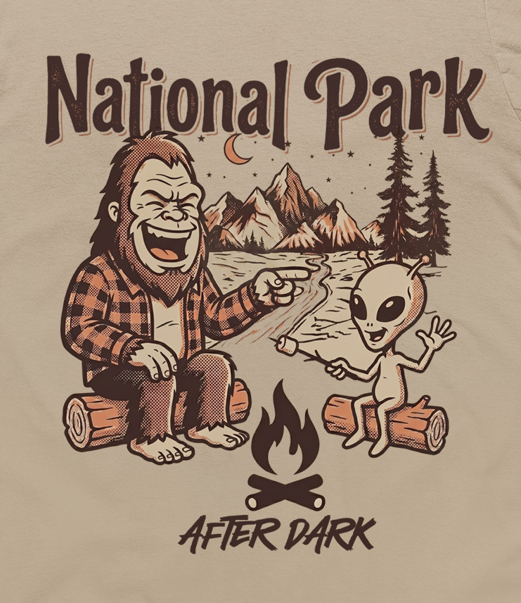 PNW Yellowstone Zion Yosemite National Park After Dark Bigfoot Alien T-Shirt Tee gallery