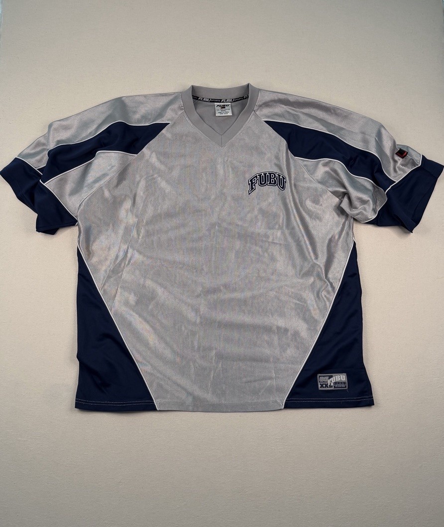 Vintage FUBU Sports Jersey XXL Grey Navy Mesh Y2K Hip Hop Streetwear Shirt gallery