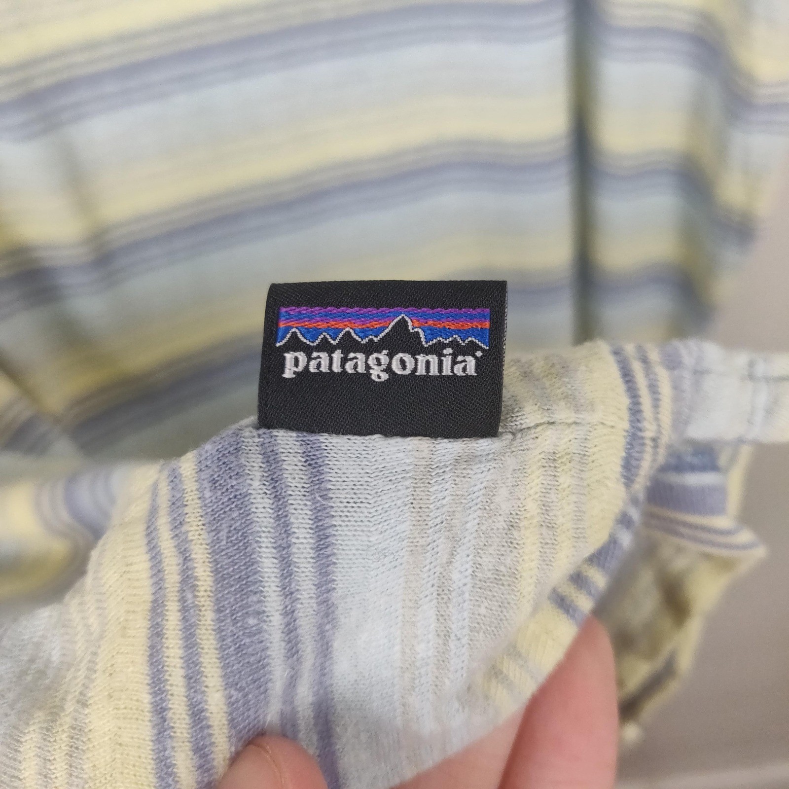 Patagonia Trail Harbor Pocket Tee Mens XXL Pale Yellow Blue Stripe Hemp Cotton gallery