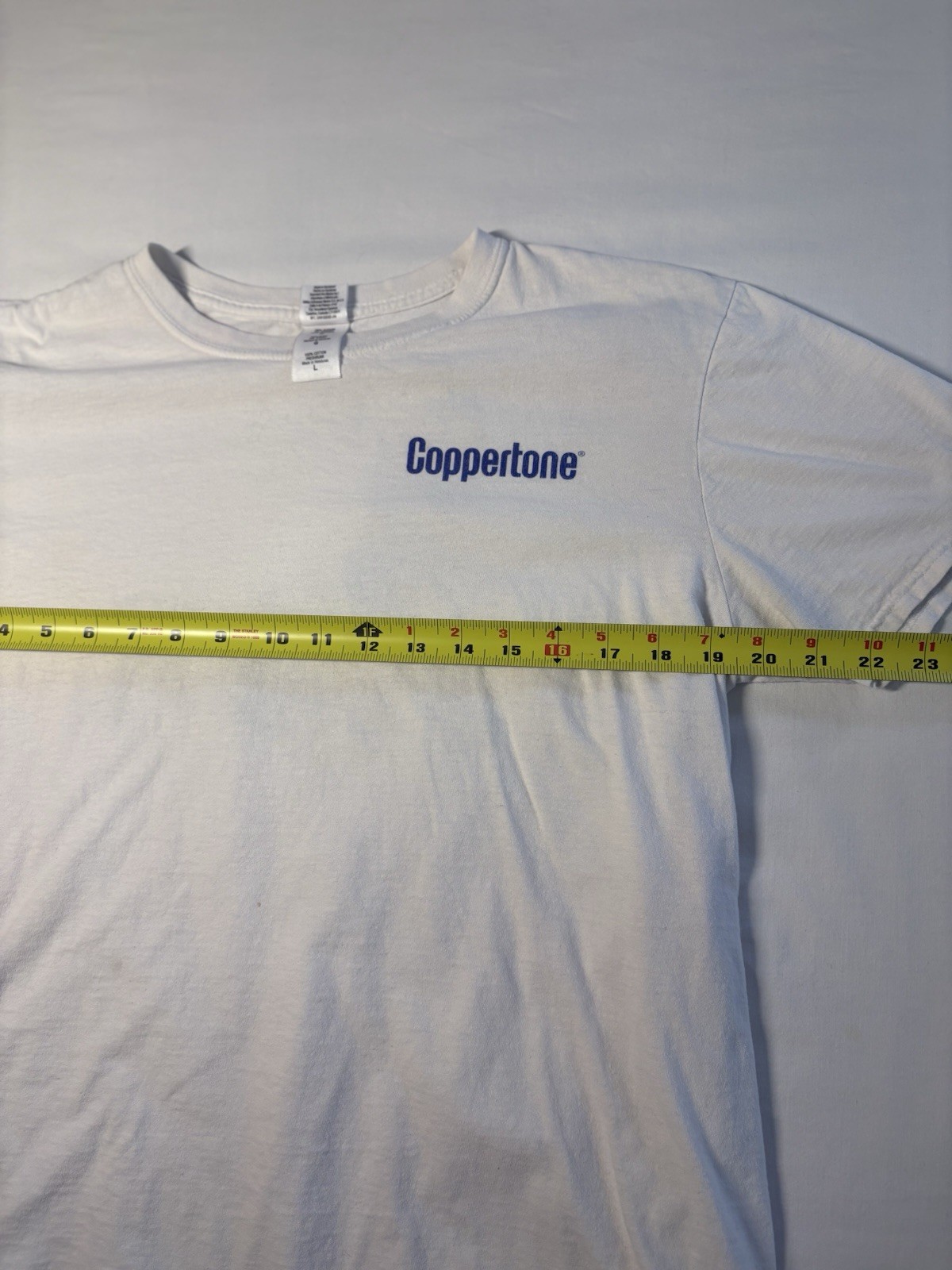Coppertone Logo Sunscreen Lotion White Tee Shirt Retro 90s Gilden Size L Vintage gallery