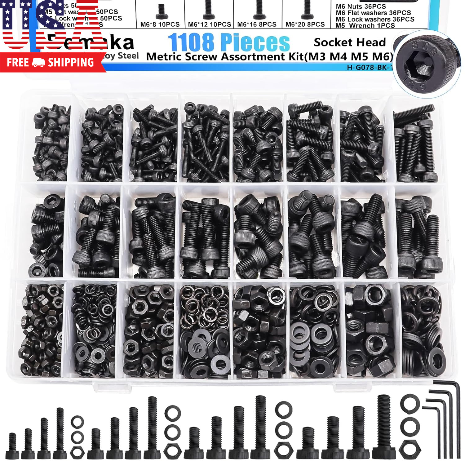 1108PCS Metric Screw Assortment Kit, M3 M4 M5 M6 Metric Bolts and Nuts Kit with