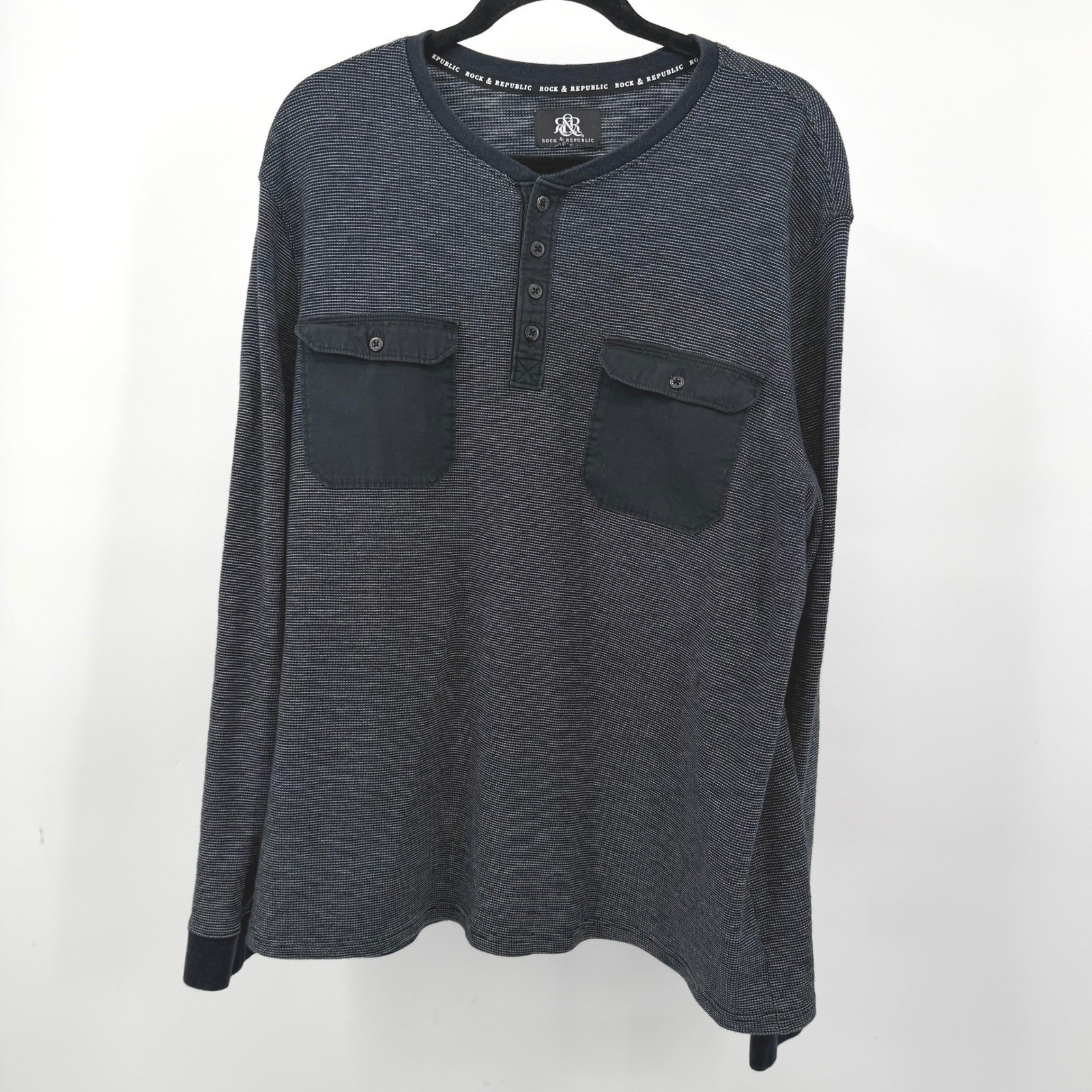Rock & Republic Mens XL Shirt Henley Blue Microstripe Long Sleeve Pocket gallery