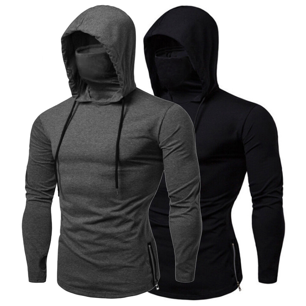 Mens Long Sleeve Hooded T-shirt Fitness Gym High Neck Stretch Shirt Hoodie gallery