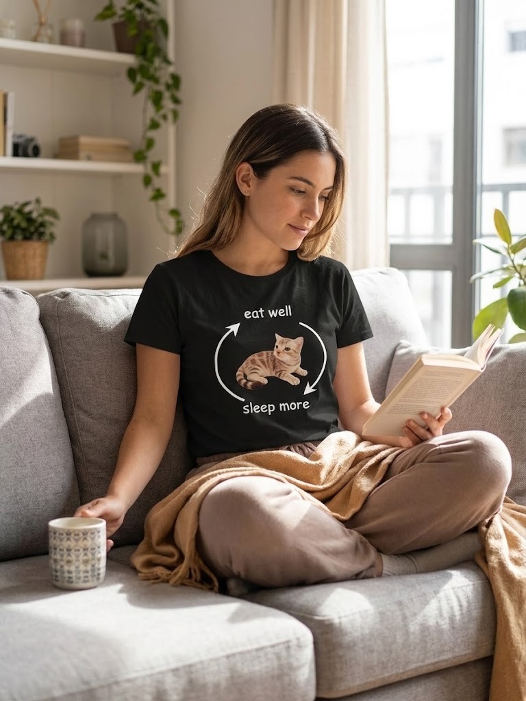 Spring And Summer Casual Print T-Shirt, Black Dot Cat Expression Pattern Print gallery