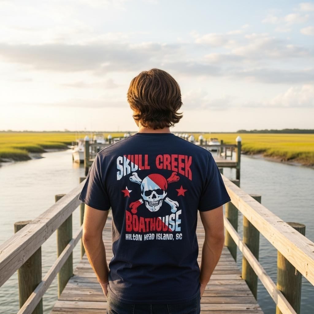 Skull Creek Boathouse T-Shirt Hilton Head SC Dive Flag Graphic Gildan M gallery