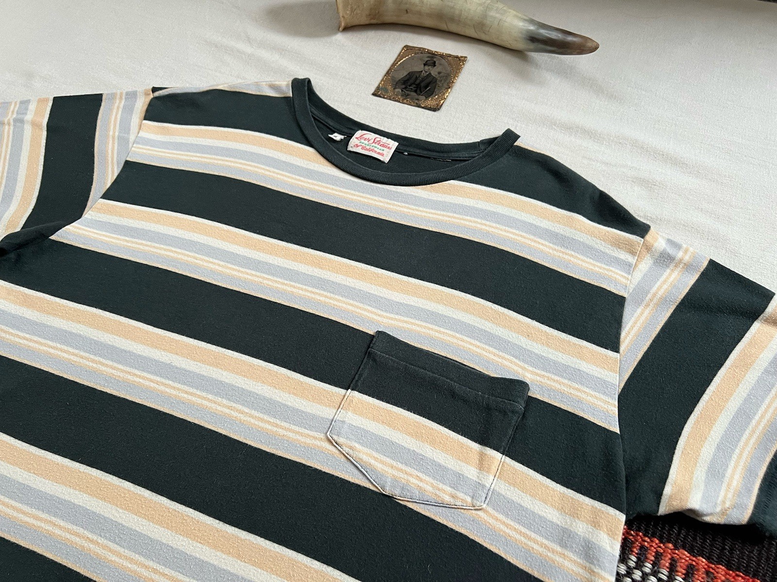LVC T-Shirt M 50s Sportswear Single Stitch Levi's Wide Stripe 2021 Blue Grey 42" gallery