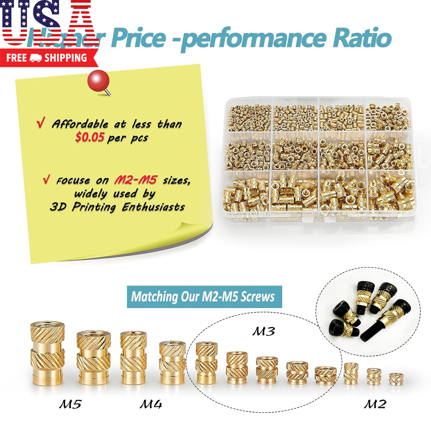 300 Pcs M3 Threaded Inserts for Plastic with Heat Set Tip,M3*(3Mm-10Mm Hight)*4.