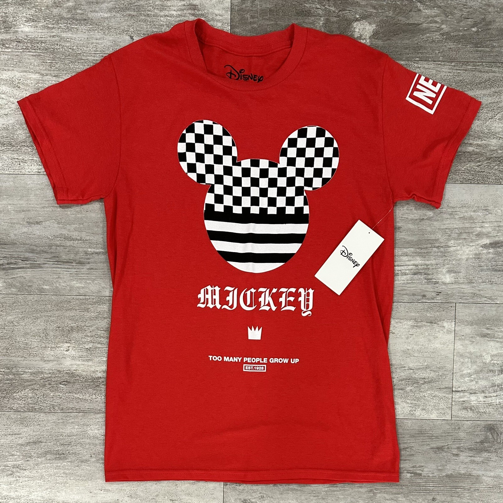 Disney Mens T-Shirt Red Logo Neff Mickey Too Many People Grow Up Size Small gallery