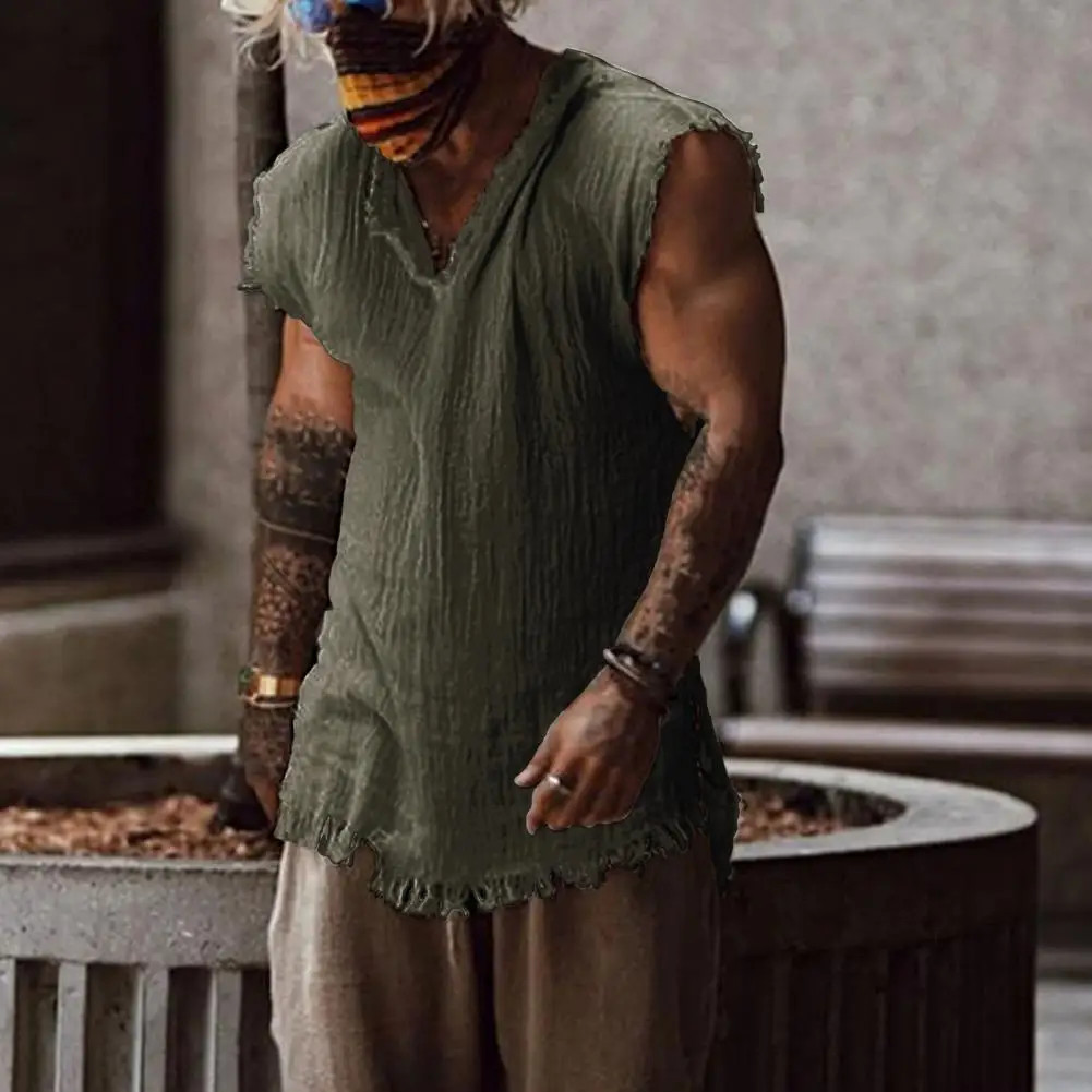 Men Vest Solid Color Casual Leisure Individual Old Style Loose Type Ripped Edge gallery