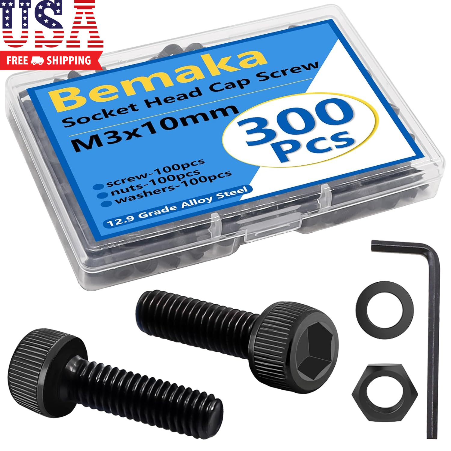 300PCS M3 X 10Mm Hex Socket Head Cap Screws with Nuts and Washers, 12.9 Grade Al