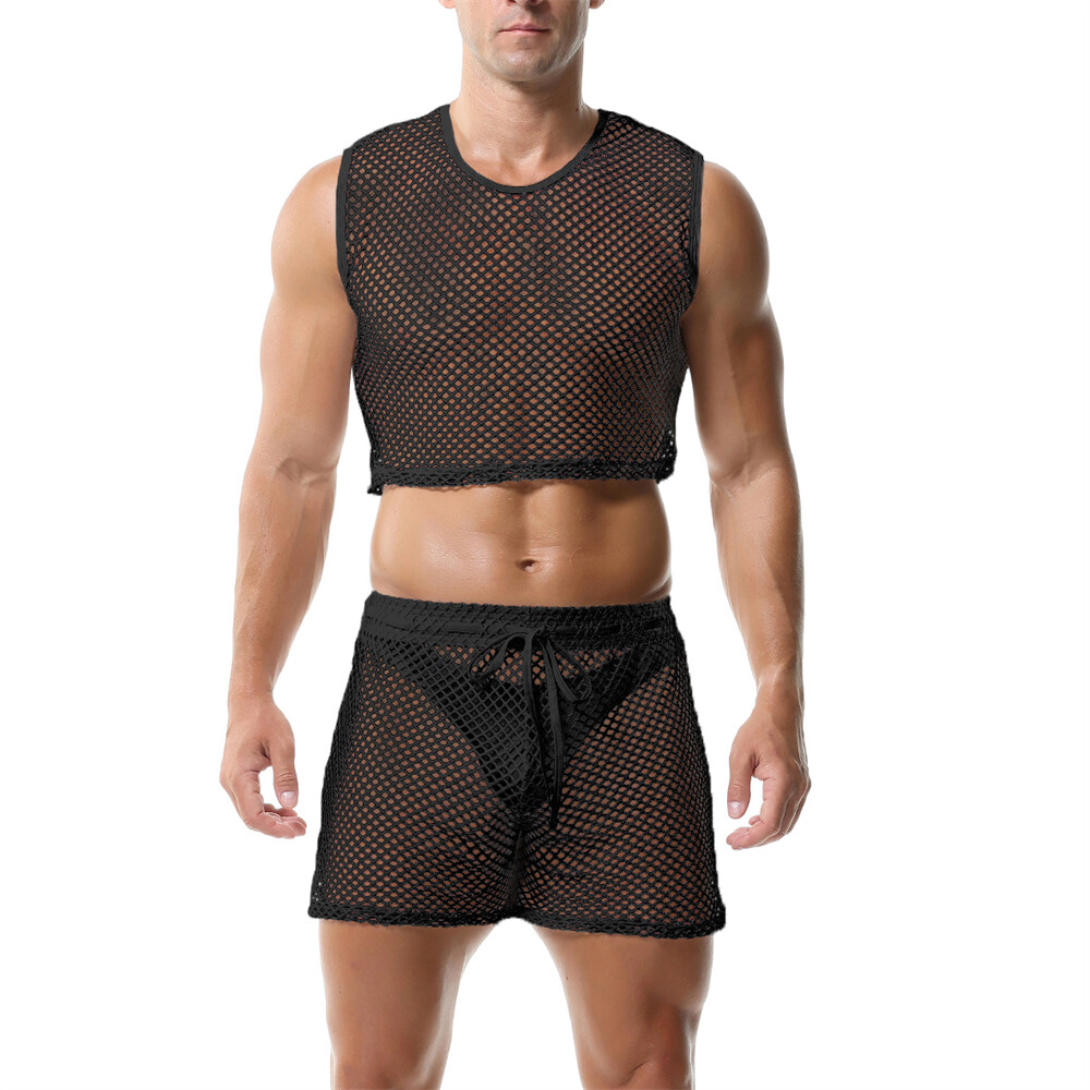Men 2 Piece Set Fishnet Crop Tops Mesh See-Through Vests Undershirts With Shorts