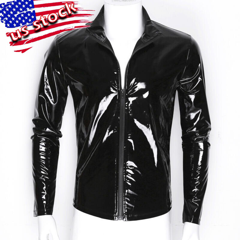 US Men Wet Look PVC Leather Jacket Coat Long Sleeve Stand Collar Outwear T shirt