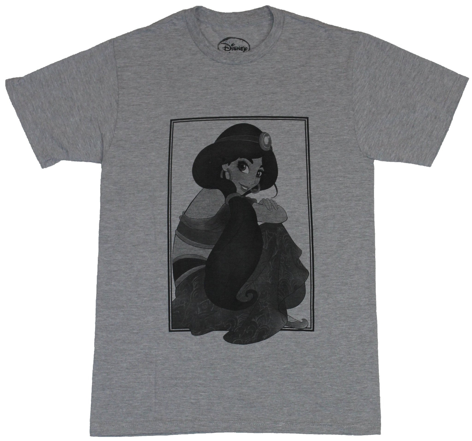 Aladdin Adult New T-Shirt – B & W Crouched Jasmine In A Box Pic