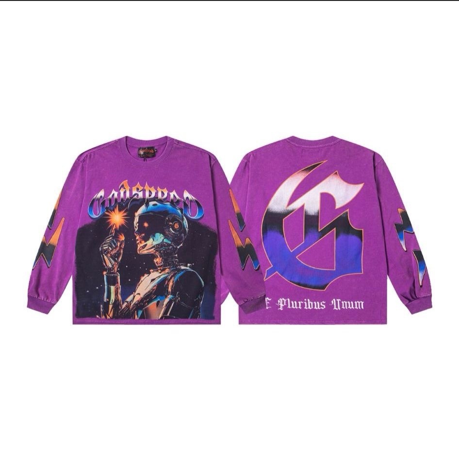 Men’s Purple Crew Neck Long Sleeve Graphic Print T-Shirt Logo Accents