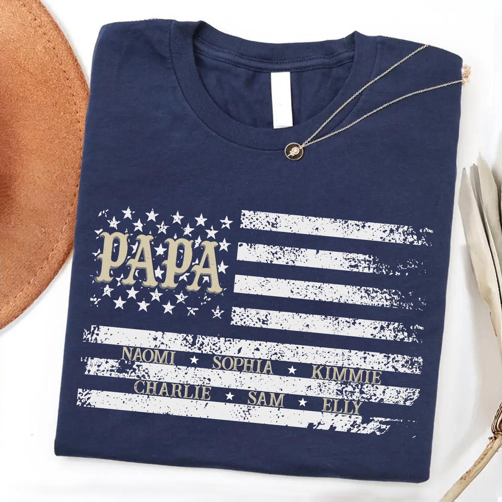 Personalized Papa Shirt Kids Names Patriotic American Flag Fathers Gift Tee gallery