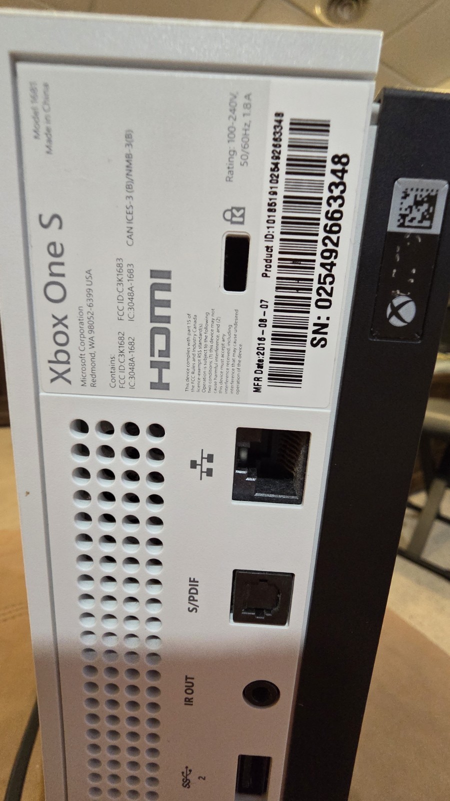 Microsoft Xbox One S 1TB Console Gaming System Only White 1681 With Power Cord