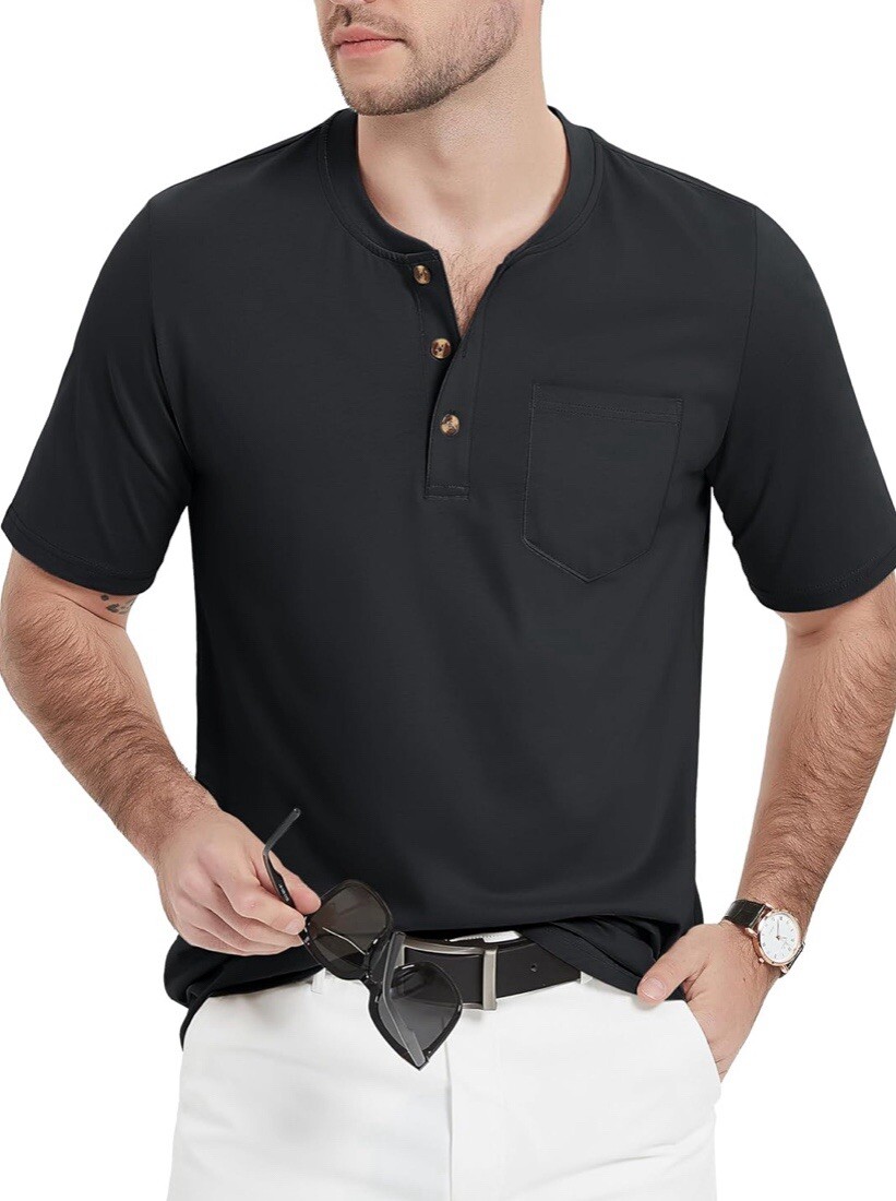 MAGCOMSEN Men's Henley Shirts Short Sleeve Pocket Tee Shirts Black Size S gallery