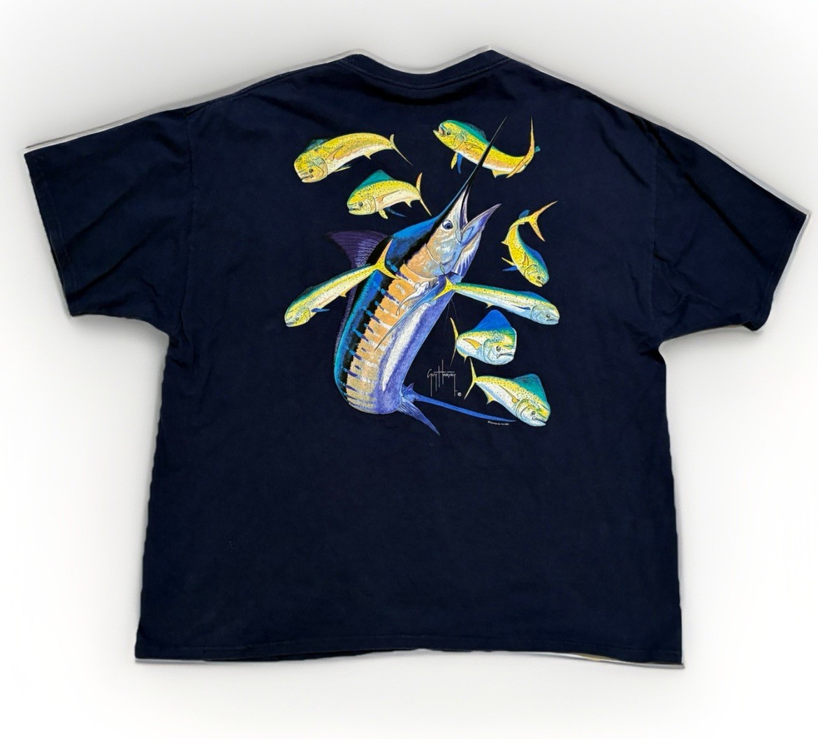 Vintage Guy Harvey Marlin Mahi Mahi Graphic T-Shirt Navy Blue Size XLarge Pocket