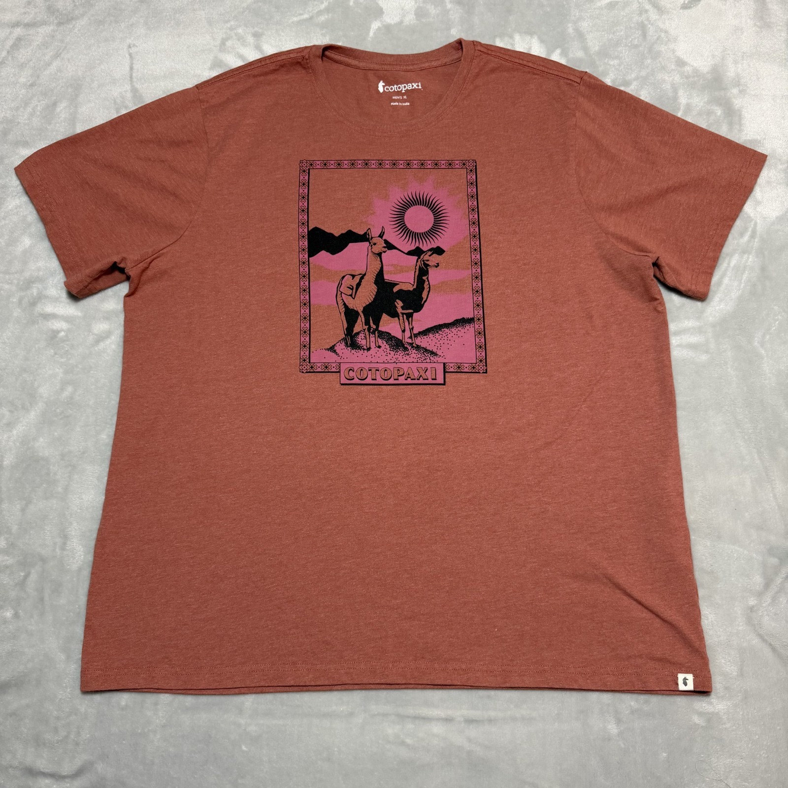 Cotopaxi Shirt Mens XL Llama Greetings Print Faded Brick Pullover Short Sleeve