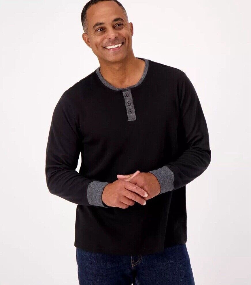 Cuddl Duds Mens Double Jersey Henley Shirt Mens Size L Black Long Sleeve QVC gallery