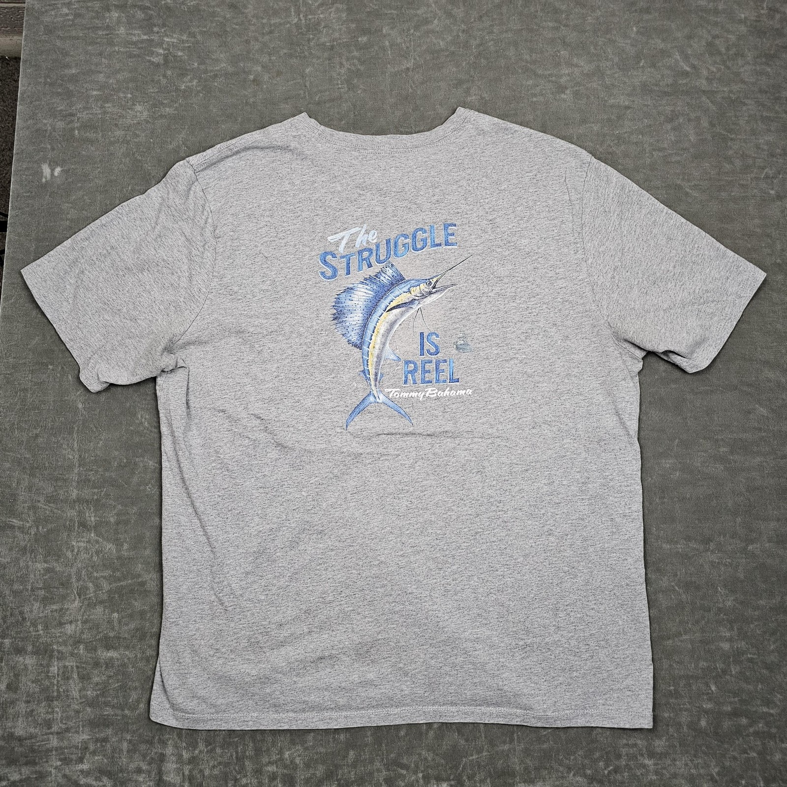 Tommy Bahama Shirt Mens XL Gray The Struggle Is Reel Funny Fish Graphic Tee