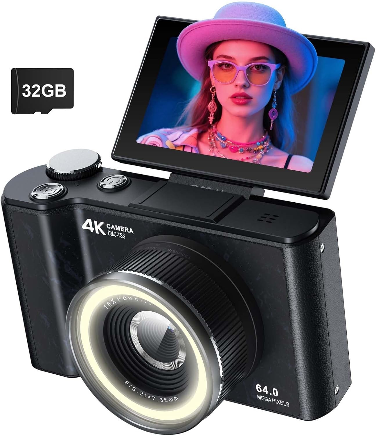 W&O 4K Digital Camera, 64MP Cameras with 180° Flip Screen for Photography, 32GB