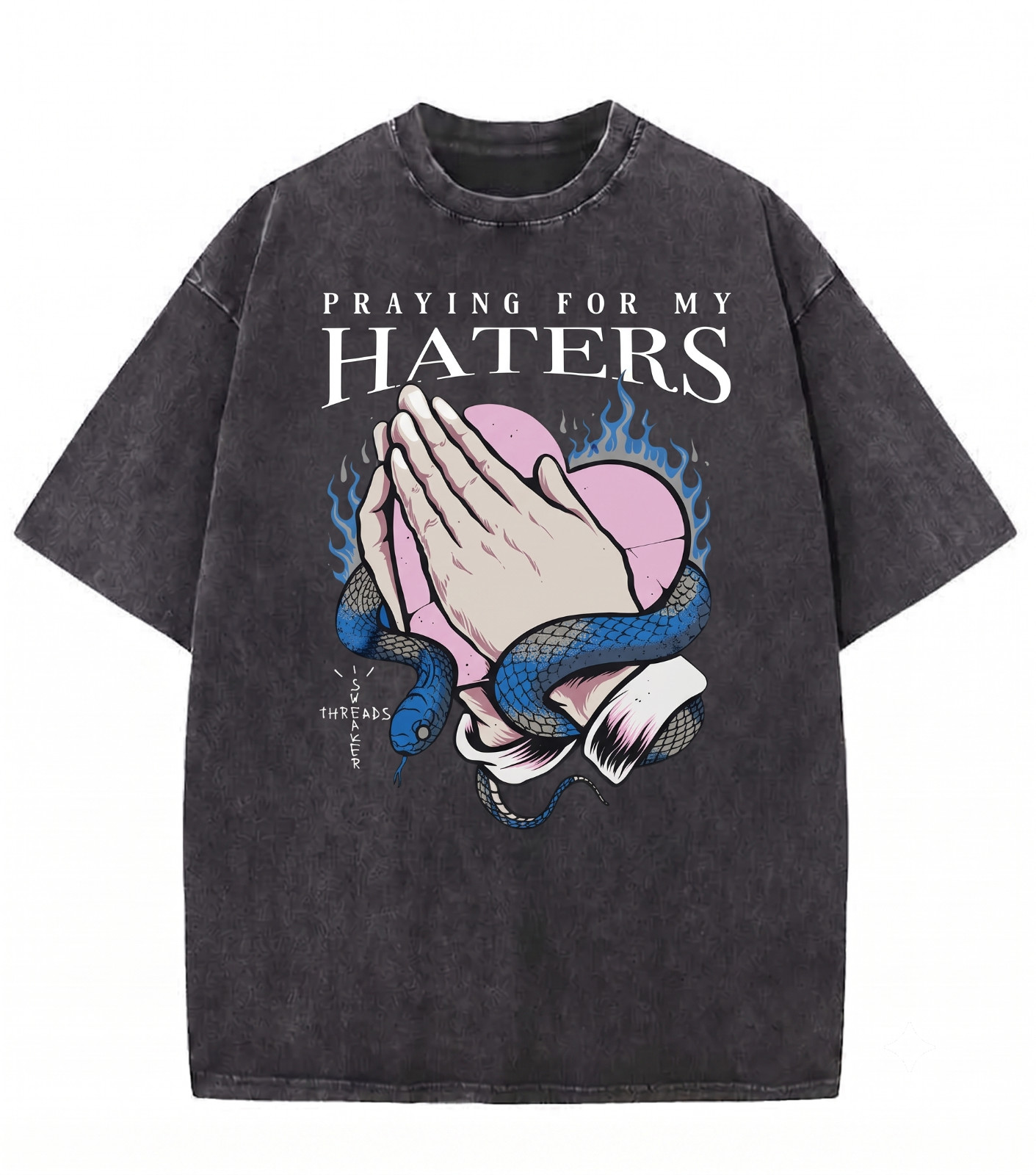 Mens Vintage Wash Hip Hop T-Shirt Praying For My Haters Graphic Streetwear Tee gallery