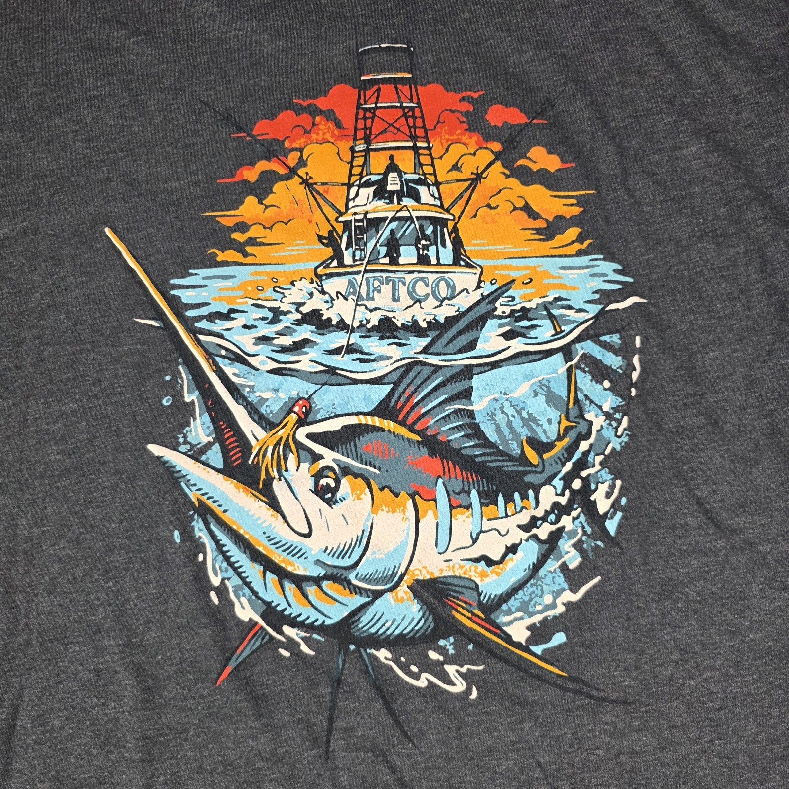 AFTCO Gray Fish Graphic Logo T-Shirt Crew Neck Short Sleeve Men’s L gallery