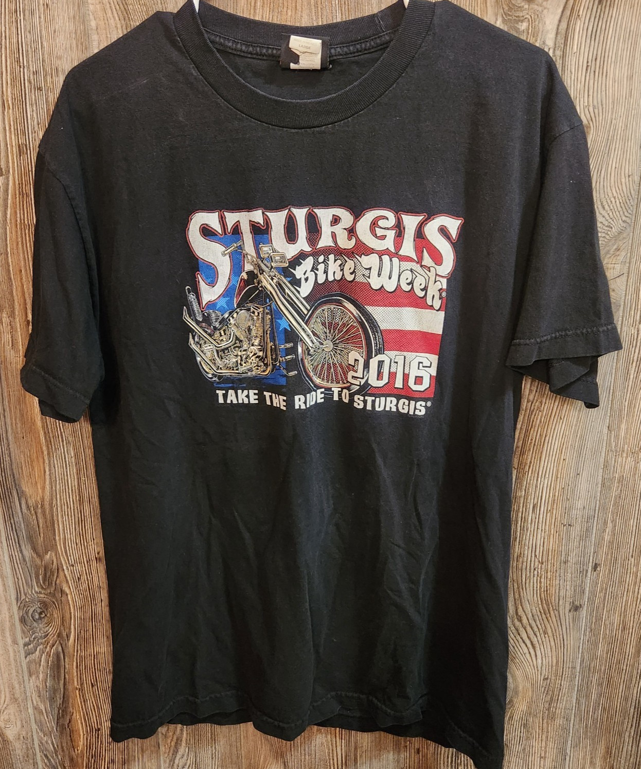 Sturgis 2016 Motorcycle Rally T-shirt American Flag USA Biker Hot Leathers Sz L gallery
