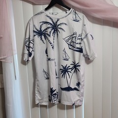 Men’s XL White/Blue Beach Tropical Sailboat Palm Tree Graphic Crewneck Tee